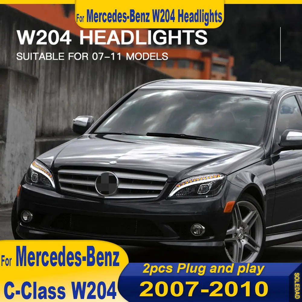 

2 шт. фара для Benz W204 светодиодная фара 2007-2010 C200 C260 C300 DRL указатель поворота дальнего света линза проектора «ангельский глаз»