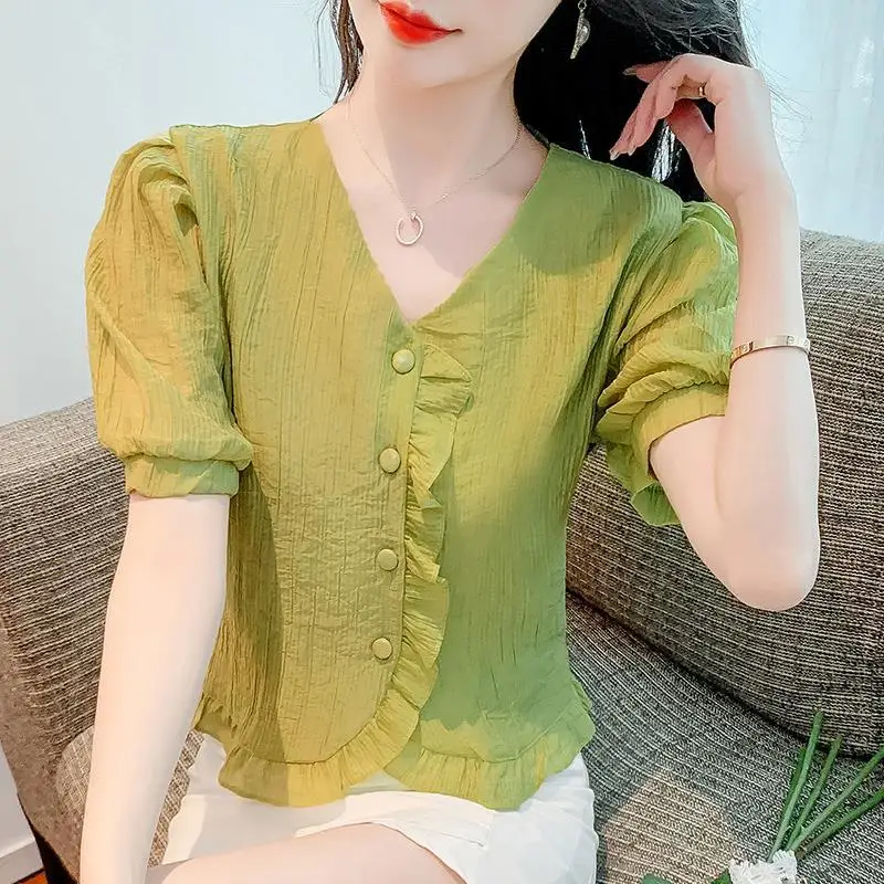 Elegant V-Neck Solid Color Spliced Ruffles Puff Sleeve Shirt Women\'s Clothing 2023 Spring New Casual Tops All-match Sweet Blouse