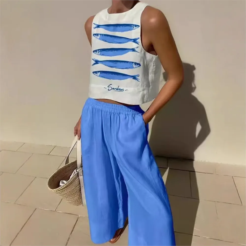 Bohemian Casual Vest And Long Pants Vacation Set Fashion Salmon Print Top Loose Wide-leg Long Pants For Women 2-piece Set 2025