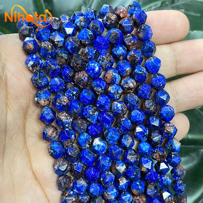 Natural Faceted Lapis Lazuli Blue Yellow Spot Jaspers Loose Spacer Beads for Making Jewelry DIY Bracelet Earrings 15\