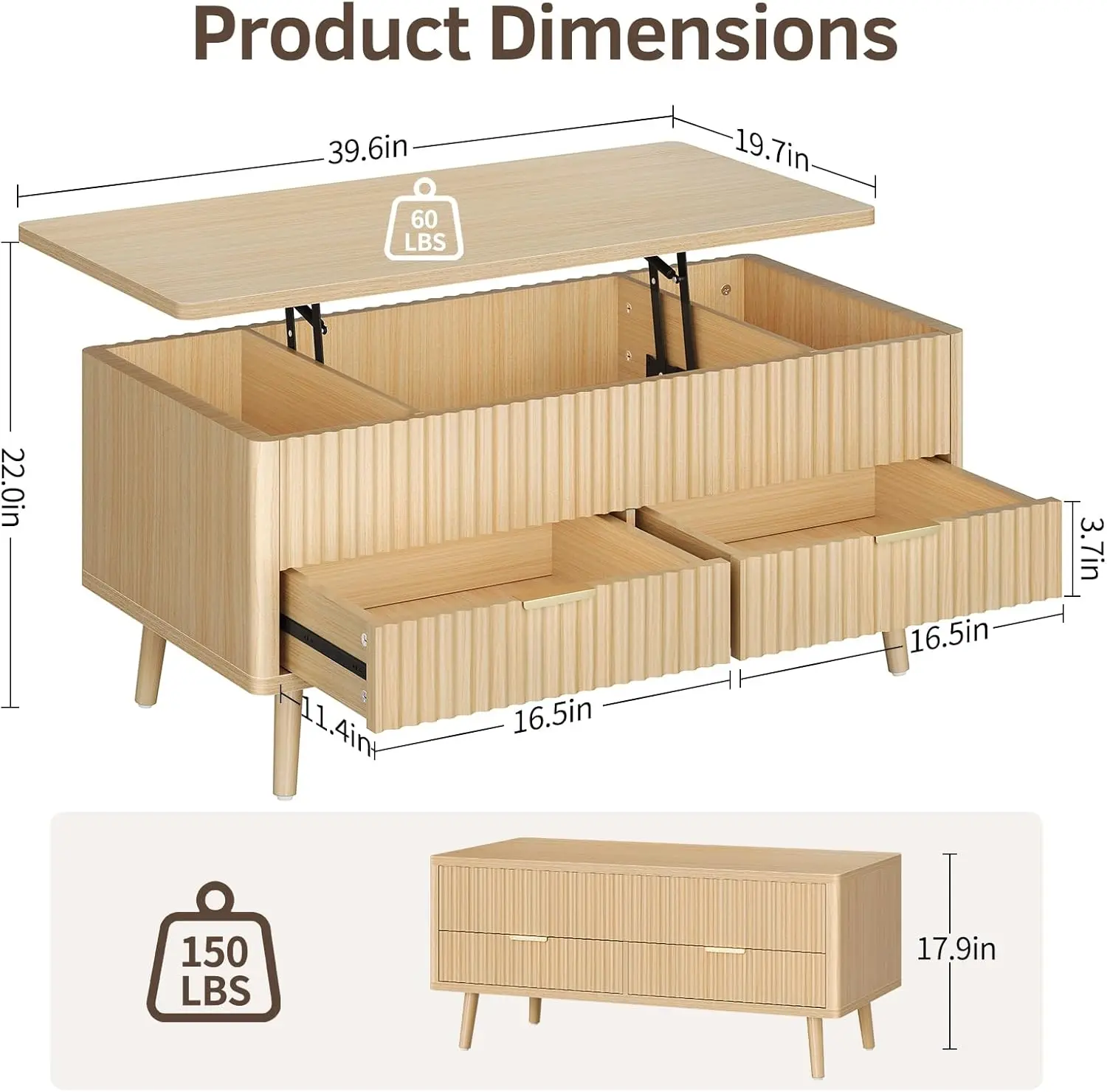 Mesa de centro cuadrada moderna natural de mediados de siglo: mesa central de madera estriada con tapa elevable grande con cajones y compartimento de almacenamiento oculto