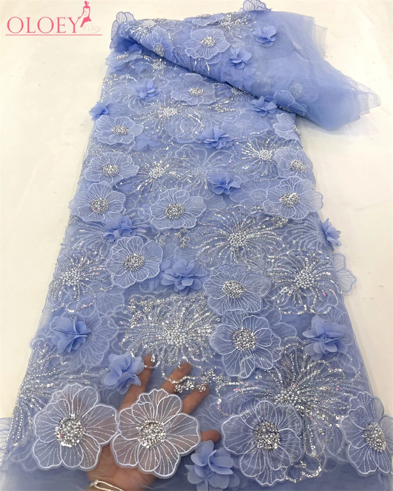 Latest High Quality Elegant Embroidery 3D Flower Lace Fabric African Nigeria Beaded Fabric  Wedding Dress