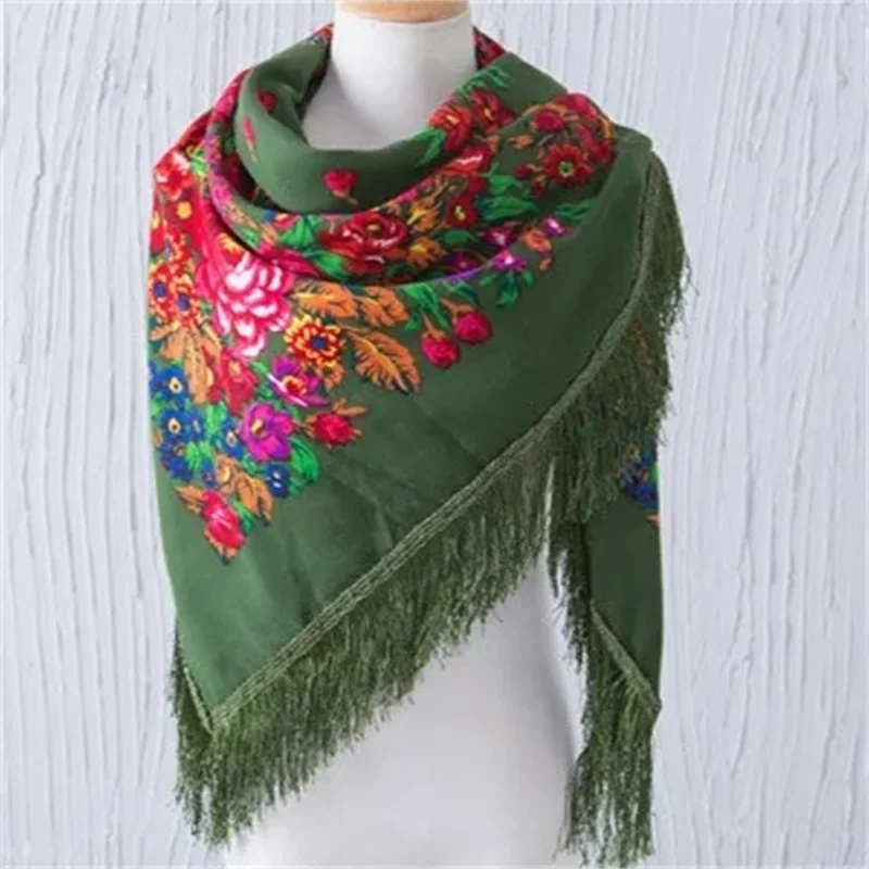 135*135cm Russian National Square Scarf Women Floral Print Head Wraps Ukrainian Fringed Blanket Shawl Large Size Handkerchief