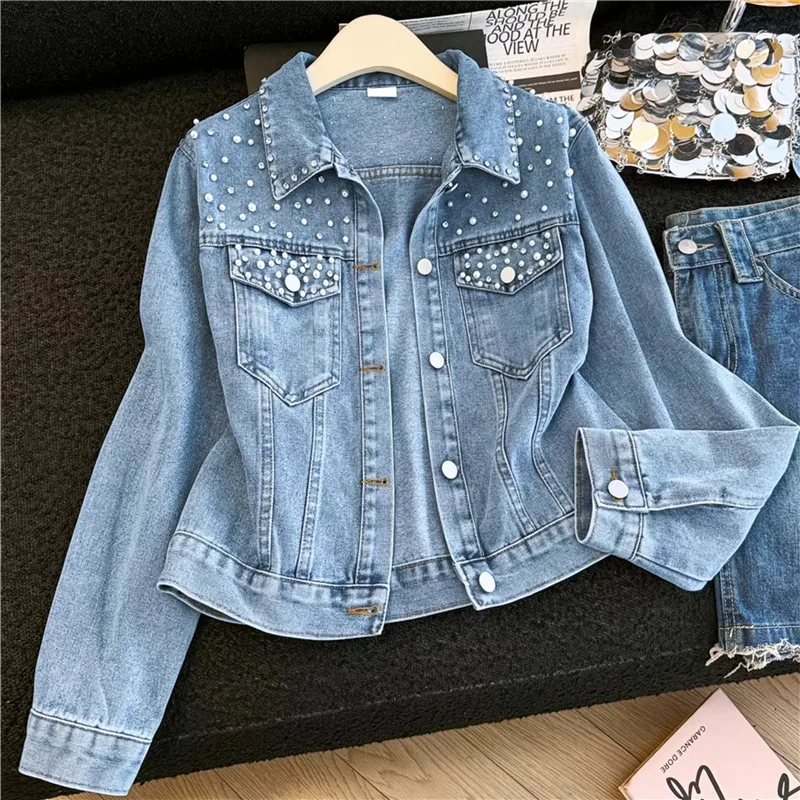 

Heavy Work Beaded Diamond Blue Denim Jacket Autumn Women Short Cowboy Outerwear Lapel Single-Breasted Long Sleeve Jeans Jacket