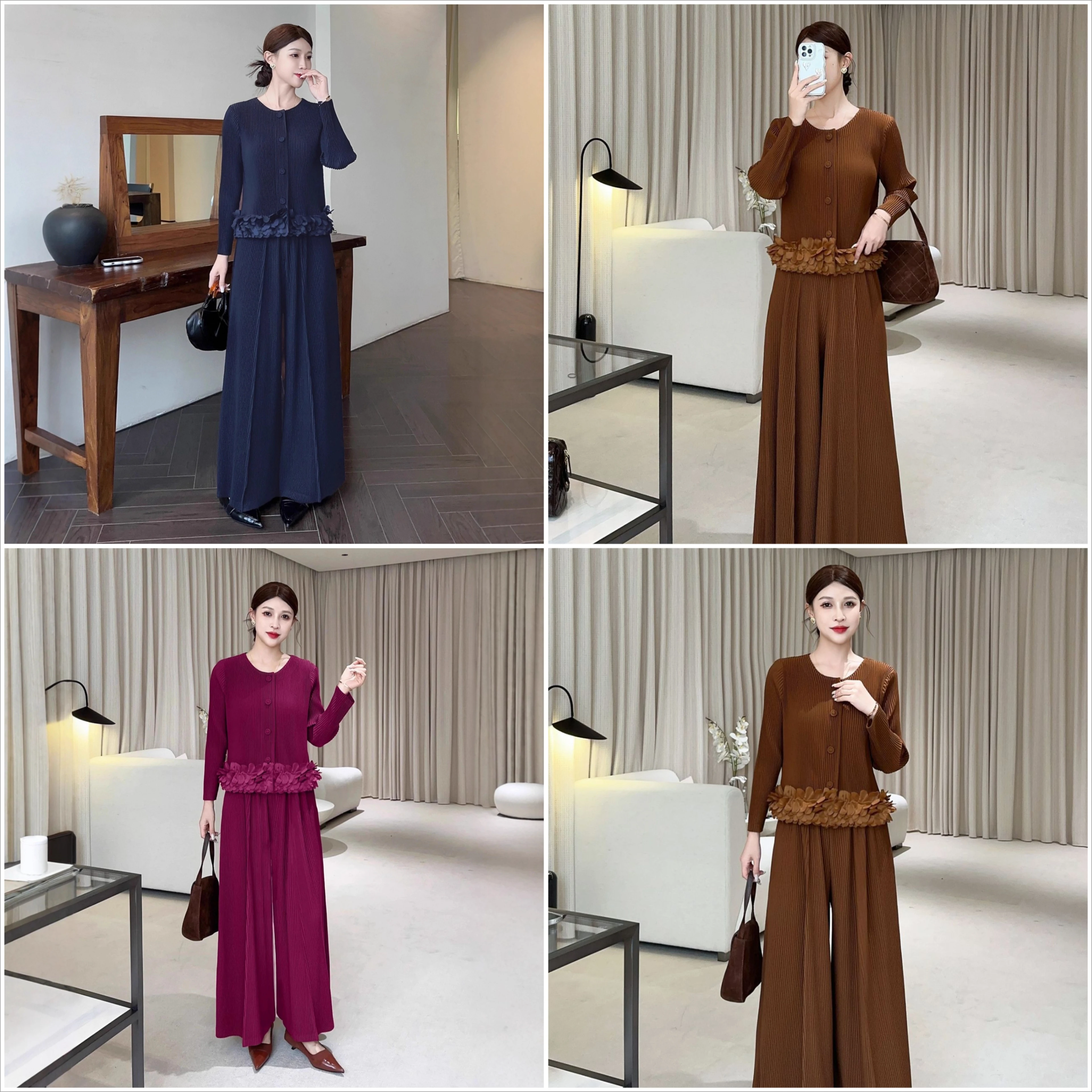 

Miyake Pleated Fashion Autumn New Set Women's Round Neck Breasted Long Sleeved Jacket+high Waist Wide Leg Pants Two-piece Set