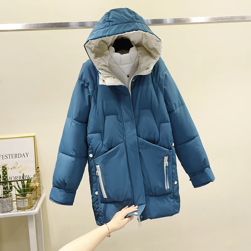 2025 Women\'s Winter Down Cotton Coat Mid-Length New Slim Chic Padded Jacket Thick Warm Parkas Hooded Vintage Outerwear Female