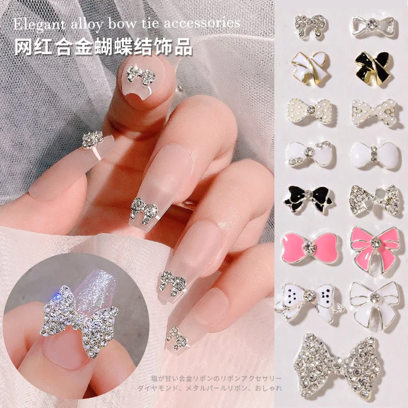 

10pcs/lot Alloy Bowknot Design Nail Art Charm 3D Diamond Pearl Bows Nail Rhinestones Jewelry Kawaii Fashion Accessories Manicure