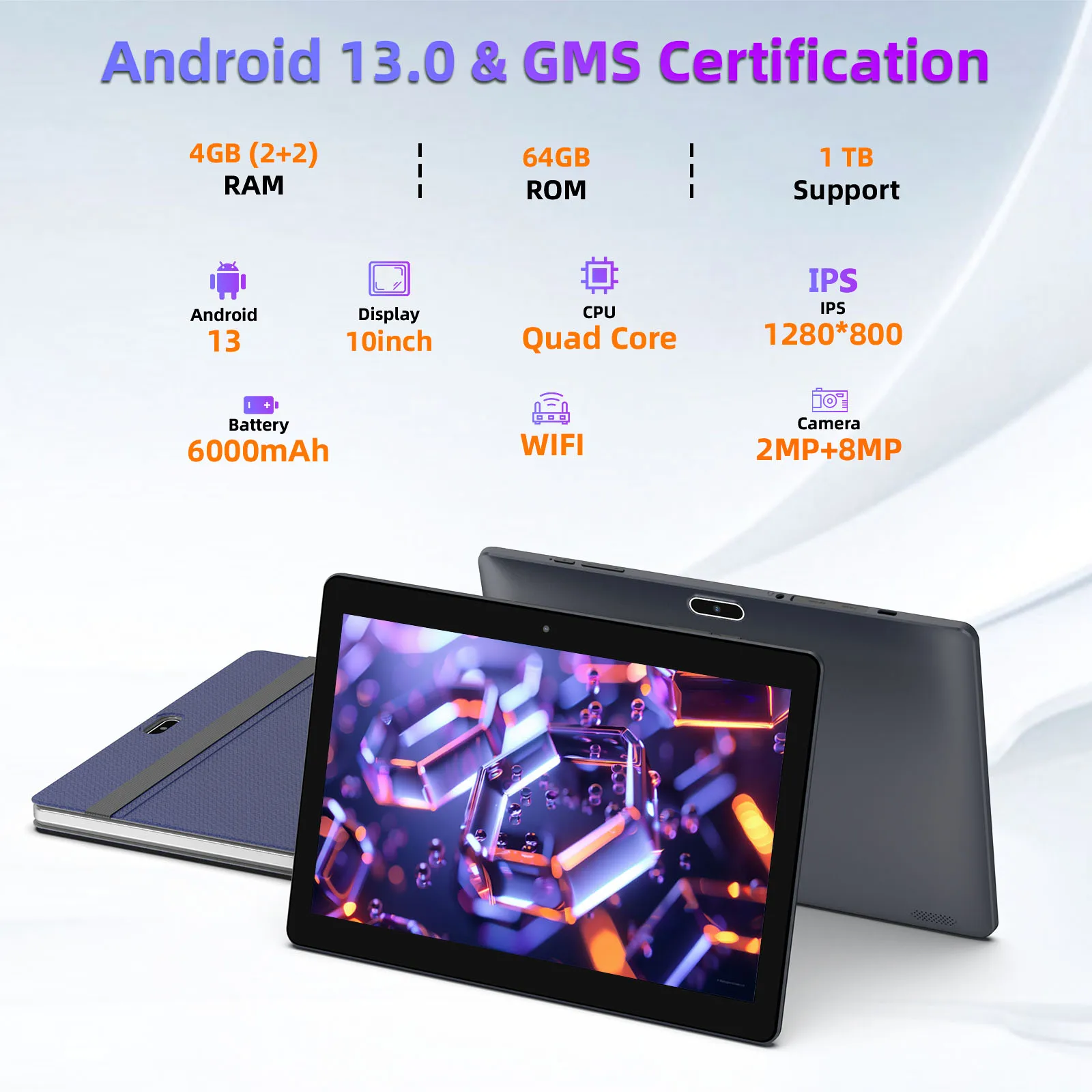 Tableta BAKEN Android 13, pantalla grande HD de 10 pulgadas, procesador de cuatro núcleos, 4B (expansión 2+2) RAM + 64GB ROM, Bluetooth, wifi