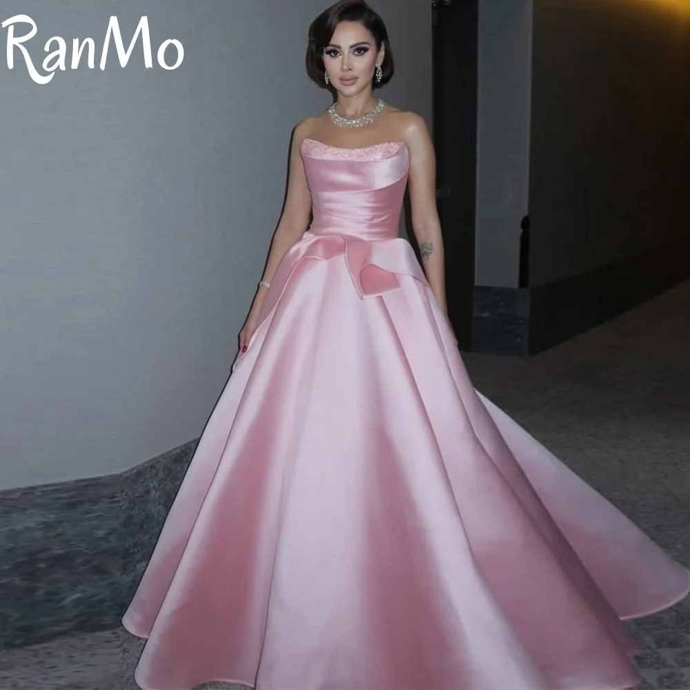 فستان سهرة للأميرة من Ranmo 2026 مخصص باللون الوردي بدون حمالات من الساتان مع مطرز على شكل حرف a للنساء لحفلات الزفاف الرسمية