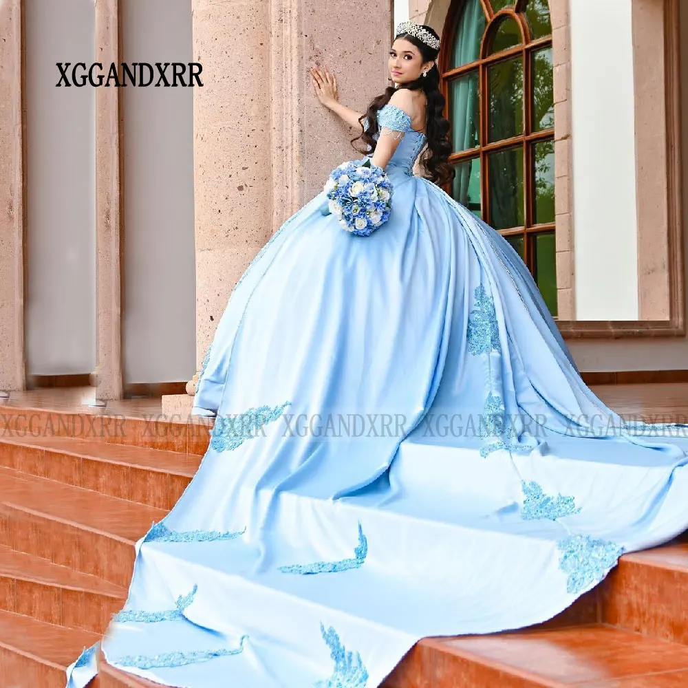 Robes de Quinceanera élégantes bleu Grils doux 15 16 robe de fête d'anniversaire 2025 épaules dénudées chérie dos nu dentelle Applique Miss