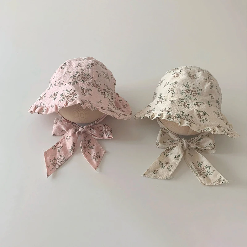

Sweet Floral Ruffle Baby Bucket Hat Summer Large Brim Toddler Boy Girl Sun Cap Korean Lacing Kids Fisherman Caps