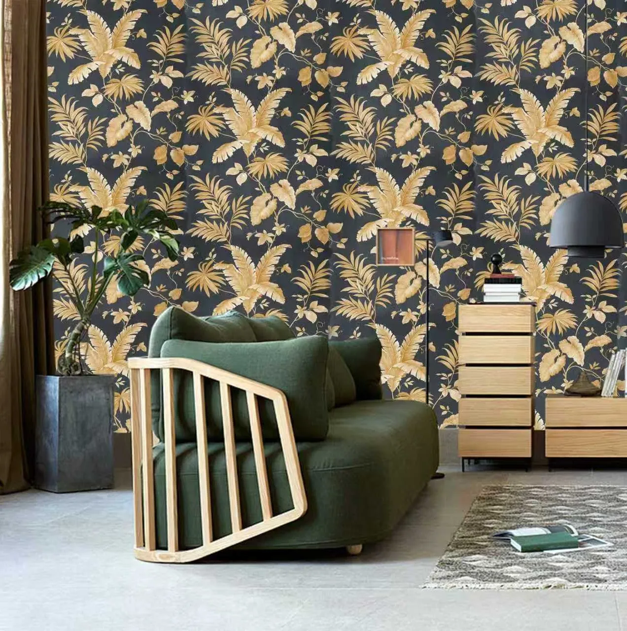 In Stock 3D Metallic Gold Leaf Self Adhesive Wallpaper Black Background Living Room Bedroom Home Decor with Glue Factory Direct