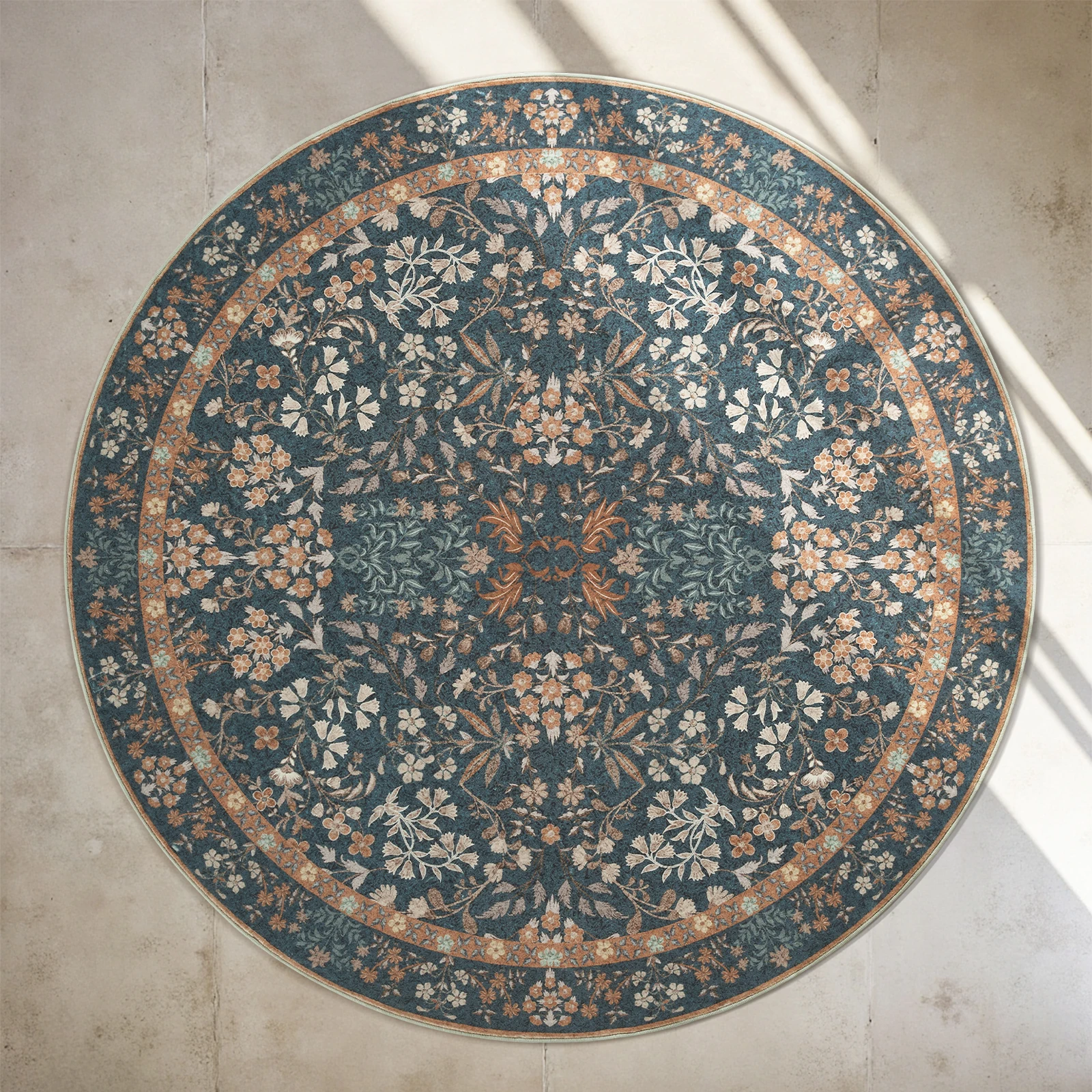 Vintage Floral Round Rug Non Slip Soft Floor Carpet Retro Ornate Pattern Decor Mat for Living Room Bedroom Entryway Indoor Home