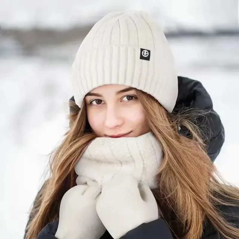 3pcs Winter Beanie Hat Gloves Snood Scarf Set Skull Caps Thickened Lined Neck Imitataion Cashmere Scarves Cap Set For Men Women