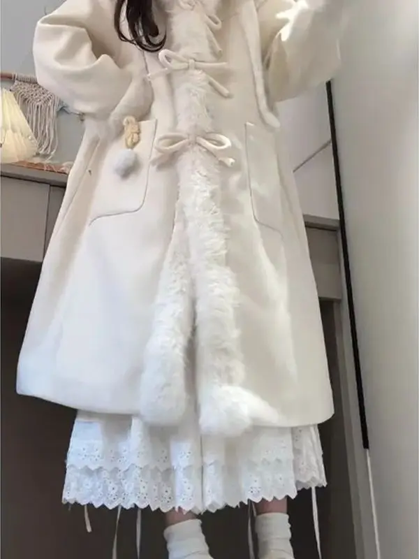 

Women's Autumn Winter Thiened Long Sve Coat Hat Design Woolen Outerwear Loose Fit Small Size Friendly White Coat