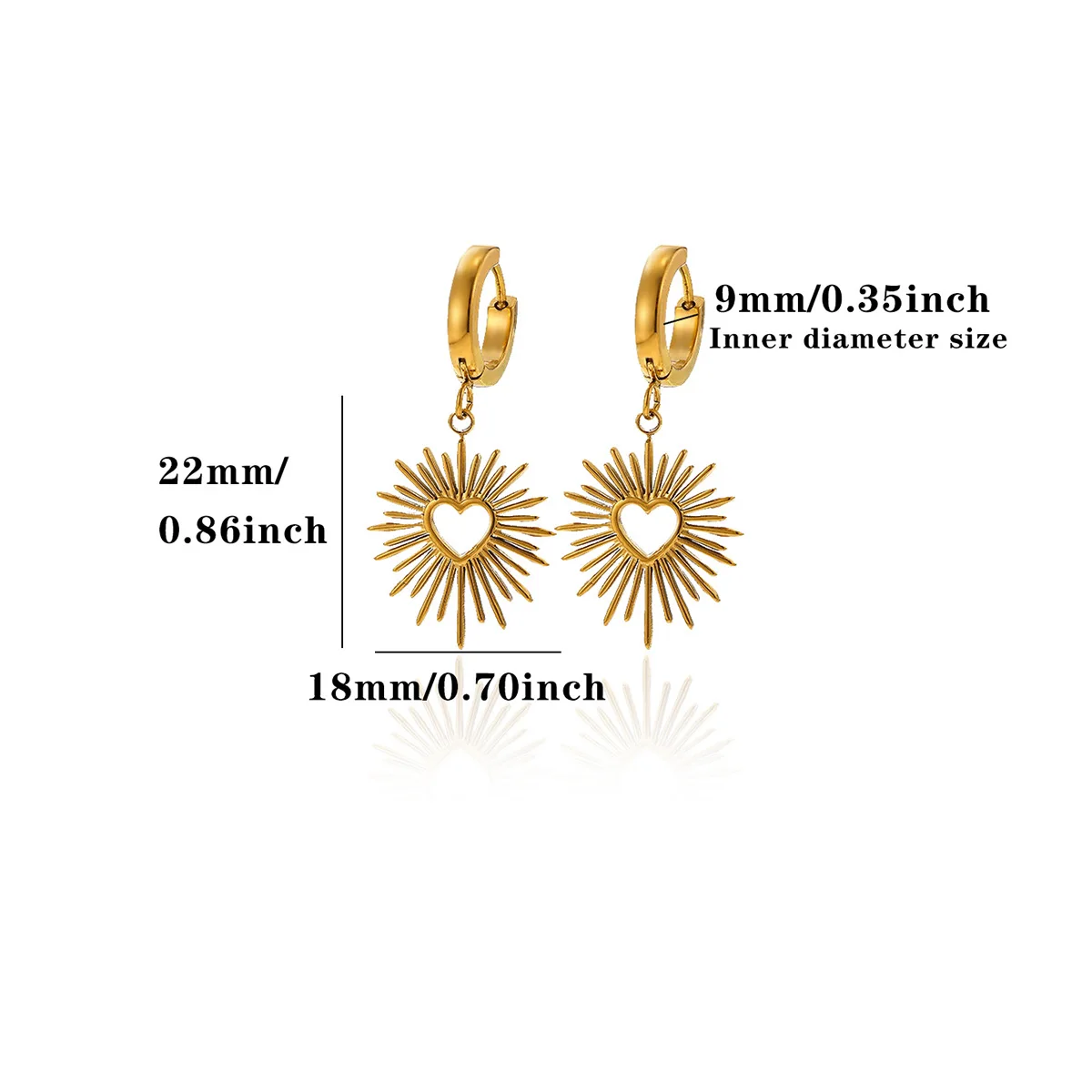 Goldfarbene Edelstahl-Ohrringe mit Sonnenstrahlen-Herz-Design, hohle Sonnen-Ohrringe, Huggie-Creolen, ästhetischer Schmuck, Geschenk für Damen – Detail 9