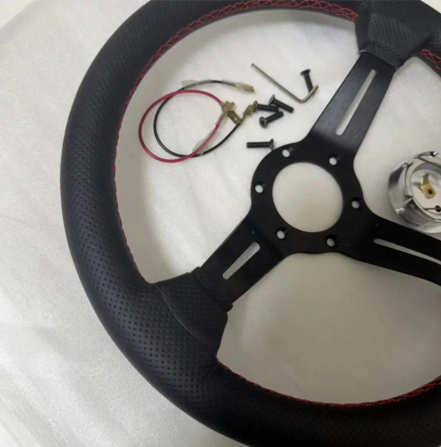 13inch 320mm Universal Steering Wheel Leather Red Stitch Classic Style Sports Racing Horn Button