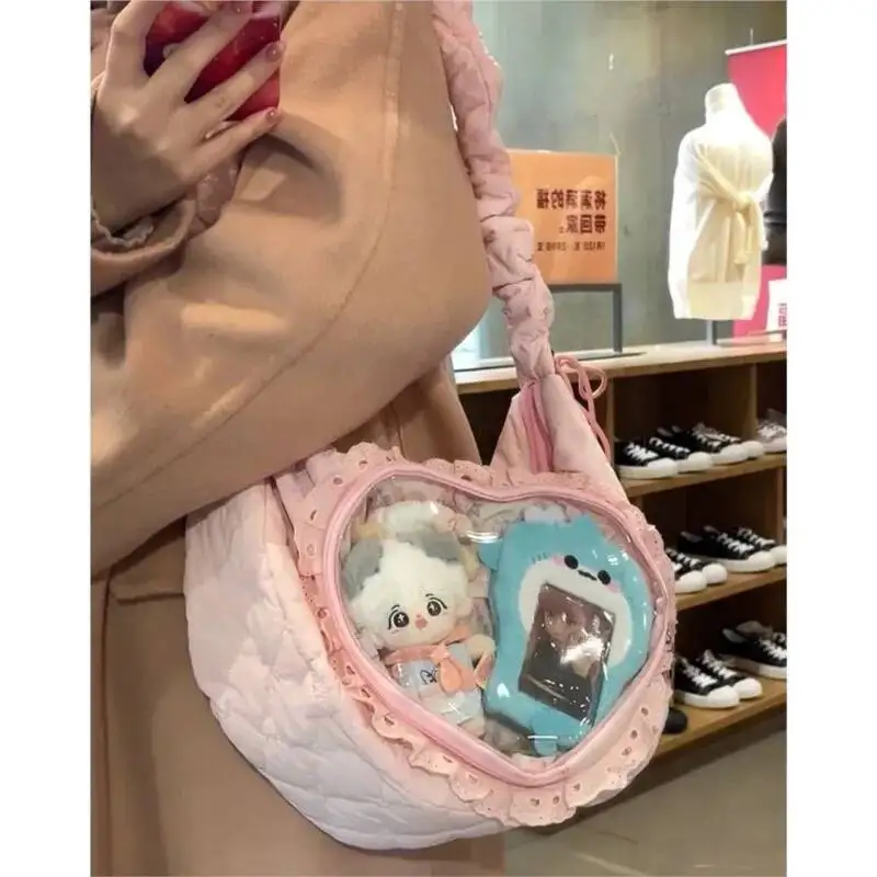 Bloom Heart Transparent Ita Handbag Women Japanese Lace Soft Casual Crossbody Bags Female Sweet Cute Messenger Bag Y2k