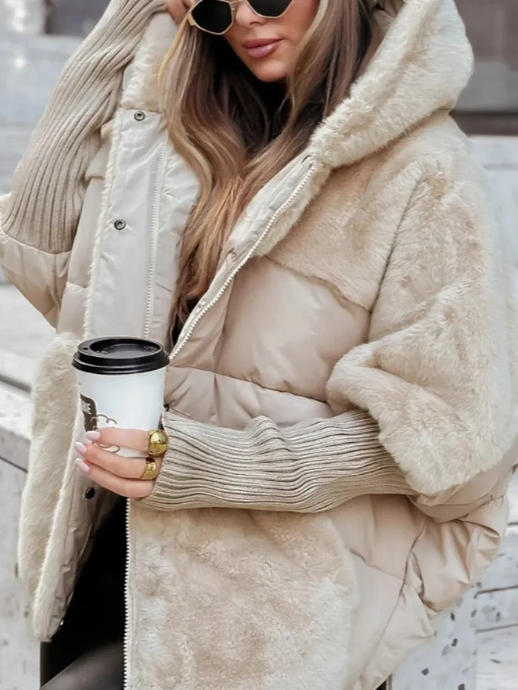 Ladies Cream Hooded Down Coat Long Sleeve Faux Fur Trim Zip Front Pockets Warm Jacket Winter Snow Holiday Party Daily Outerwear