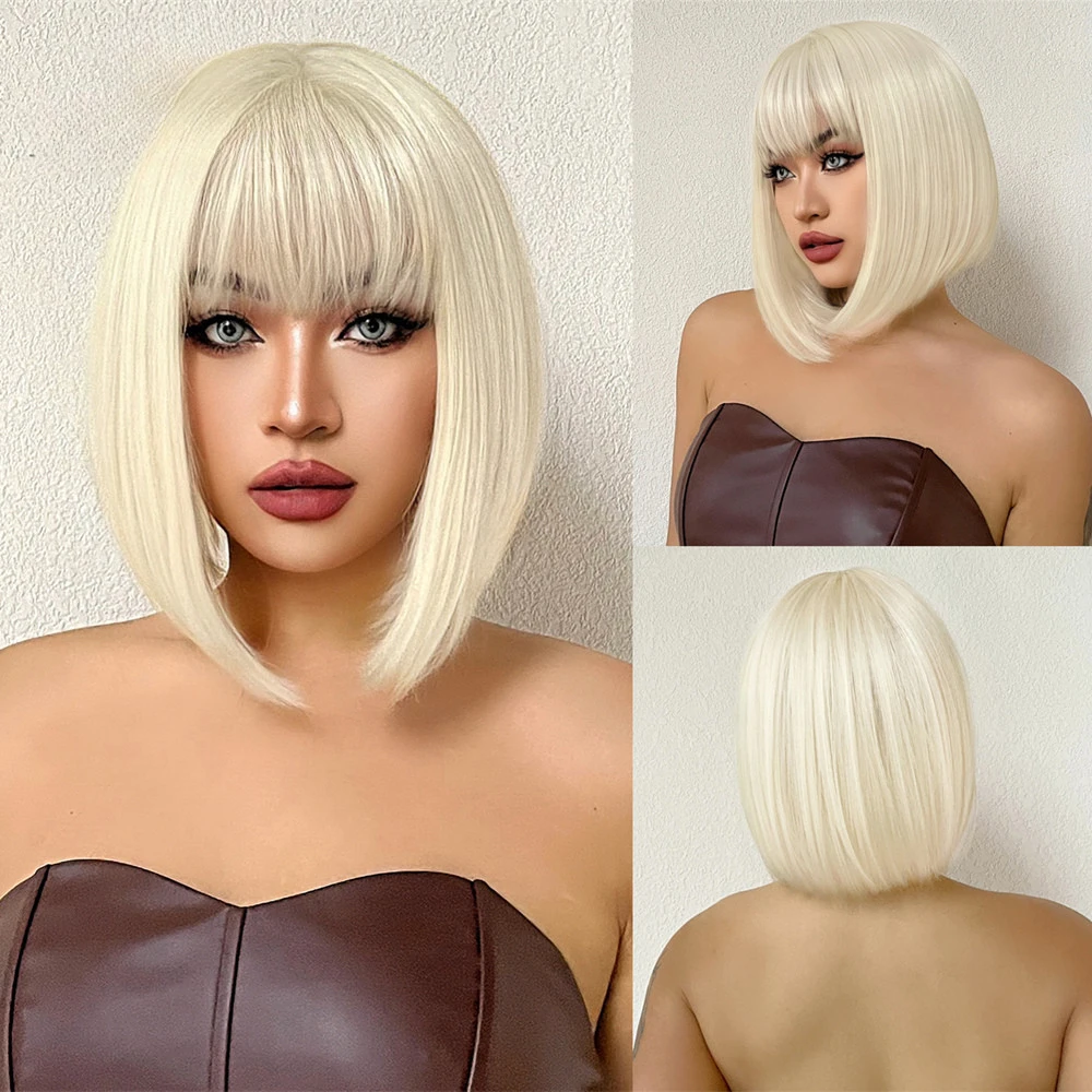 

Blonde Short Bob Synthetic Straight Hair Bangs Heat Resistant Blonde Daily Wig for Women Party Cosplay