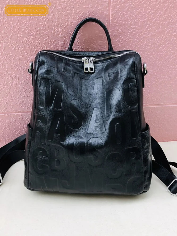 

Women Casual Cowhide Genuine Leather Backpack Black Letters Softshell Korean Style Travel Bag Teenager Girls Schoolbag Satchel