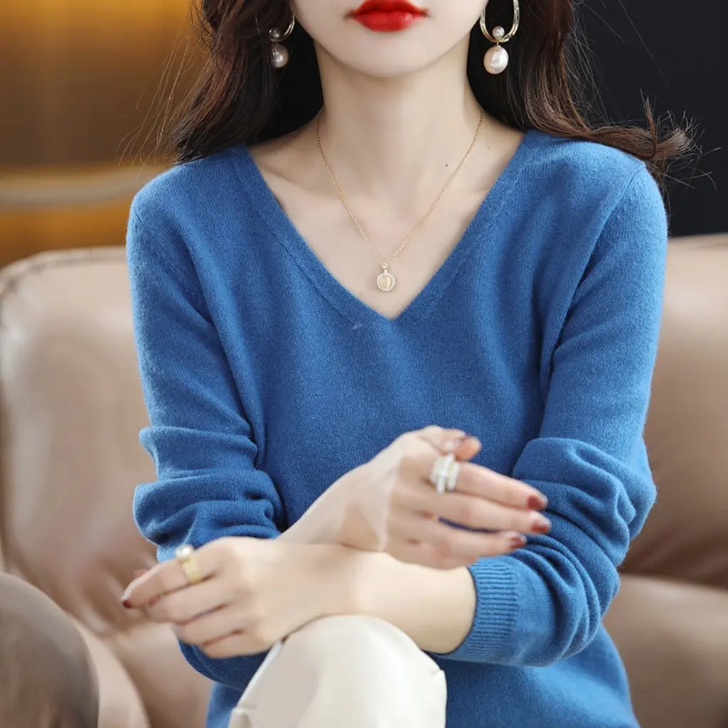 Damen-Pullover mit V-Ausschnitt, Frühlingsschwarz, lockere lange Ärmel, niedriger Kragen, gestricktes Oberteil, Hemd mit Boden