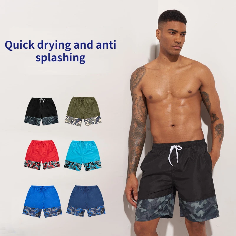 Printed Stitching Summer Outdoor Camouflage Men Sports Shorts Zipper Pocket Running Gym Fitness Basketball Training Beach Shorts