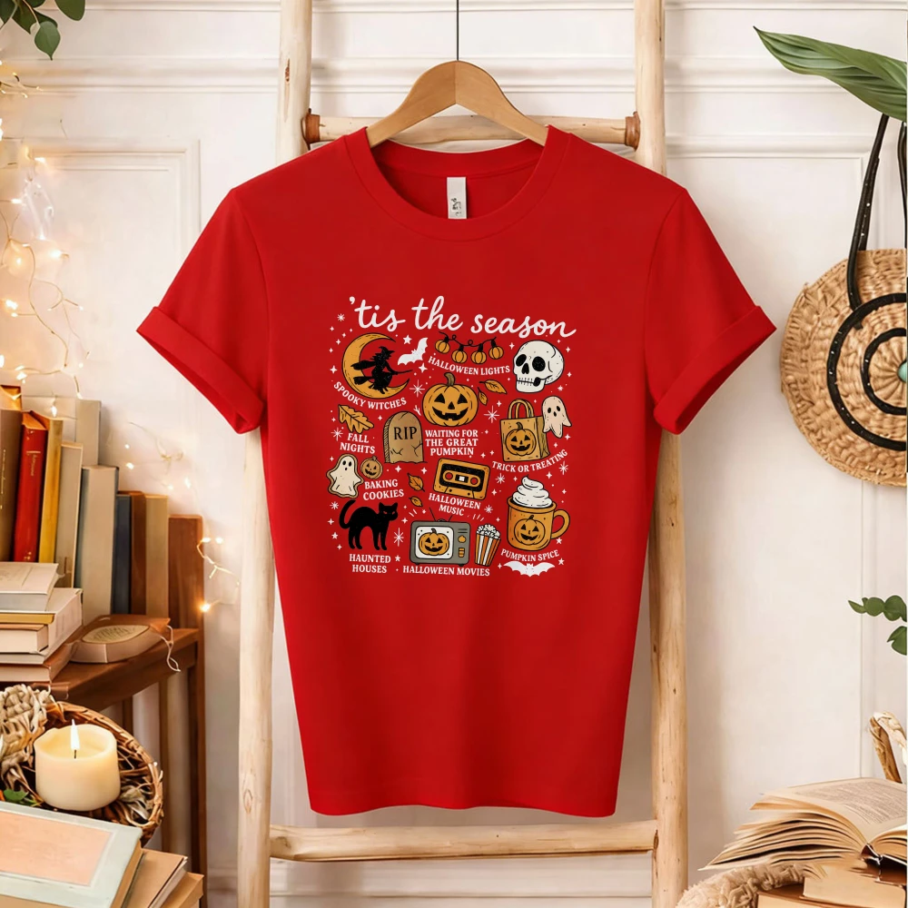 Tis The Season Halloween Collage Graphic T‑Shirt Witch Ghost Pumpkin Skull Black Cat Tombstone Retro Holiday Cute Doodle Tops