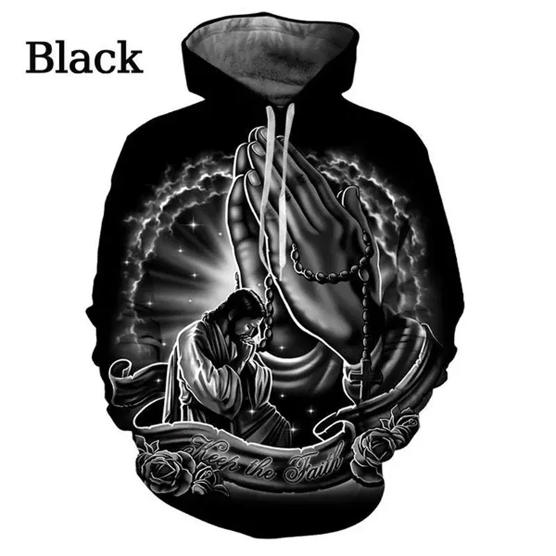 Men Women Christian Cross Jesus Graphic Black Hoodies 3d Printed Long Sleeve Pullover Sweatshirt Fashion Streetwear Tops