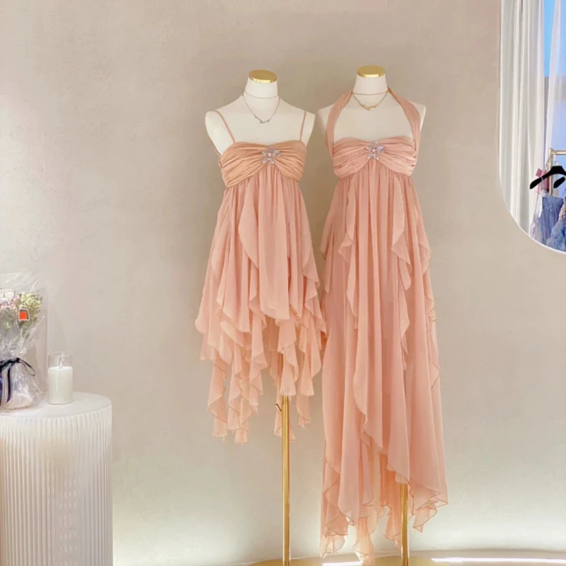 sachin and babi light blue dress Aoi Spend Holidays Long Dresses Halter Irregular Fairy Women Sleeveless  Mesh Dress Sexy Summer Female Beach Party Club Outfits