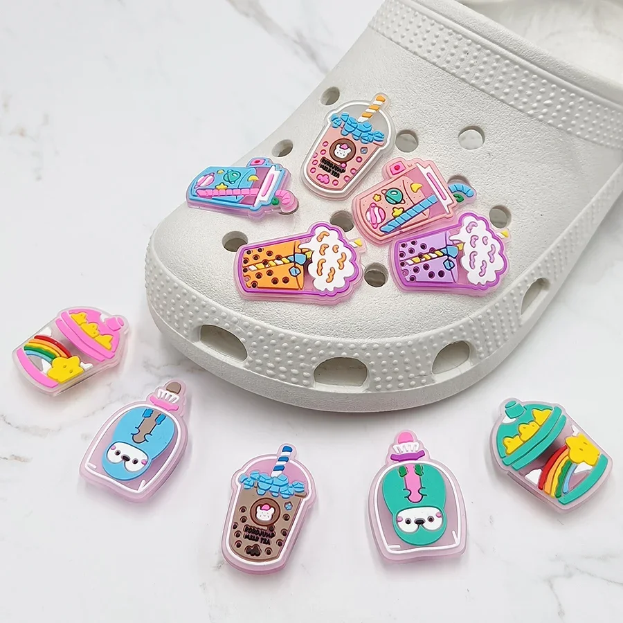 Fun Drink Cup Shoe Charm Accessories Diy Shoe Buckle Decoration Milk Tea Bottle Clogs Upper Pins Charms Kid X-mas Gift