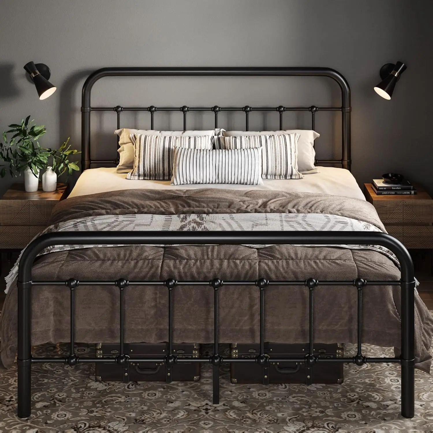 Full size metal platform bed frame with Victorian style wrought iron art headboard/footrest, no box spring required, black