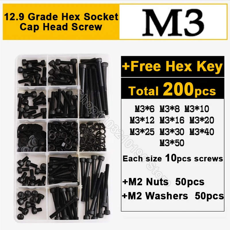 

200Pcs Hexagon Hex Socket Cap Head Screw Nut Assortment Kit M3 Black 12.9 Grade Allen Head Bolt and Nuts with Washer Hex Key Set