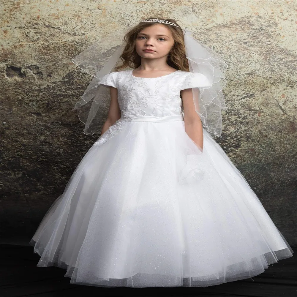 

White Flower Girl Dresses Lace Appliqué Fluffy First Communion 2024 Princess Children's Custom Evening Dress