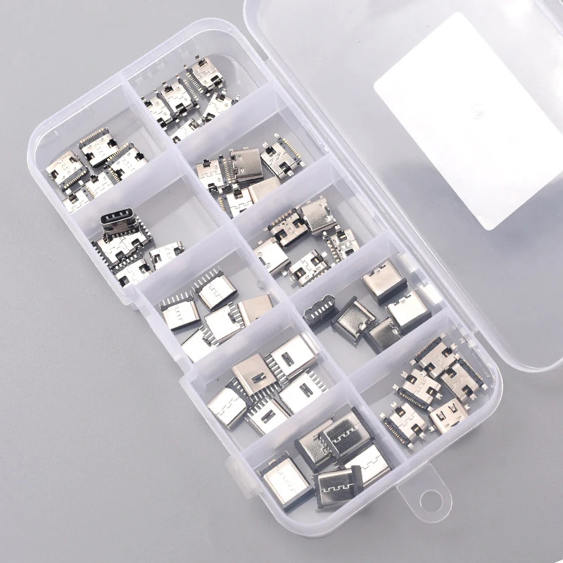 Box of 50 Type-C USB Charging Dock Connectors - 10 Models, including 6Pin and 16Pin, Great for Phone & Digital Device Fixes