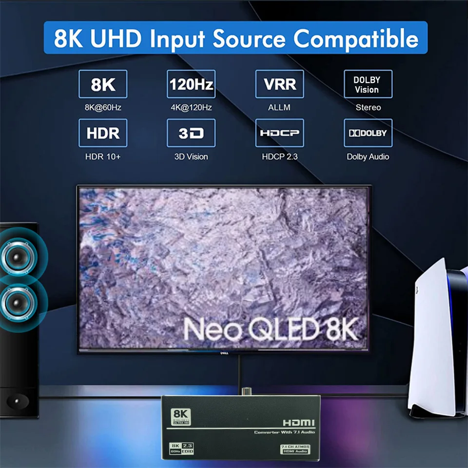 HDMI 2.1 Audio Extractor Converter 4K 120Hz HDMI 2.1 Audio Converter 8K HDMI to HDMI Audio+Video+Digital Coaxial Audio+Aux Audio