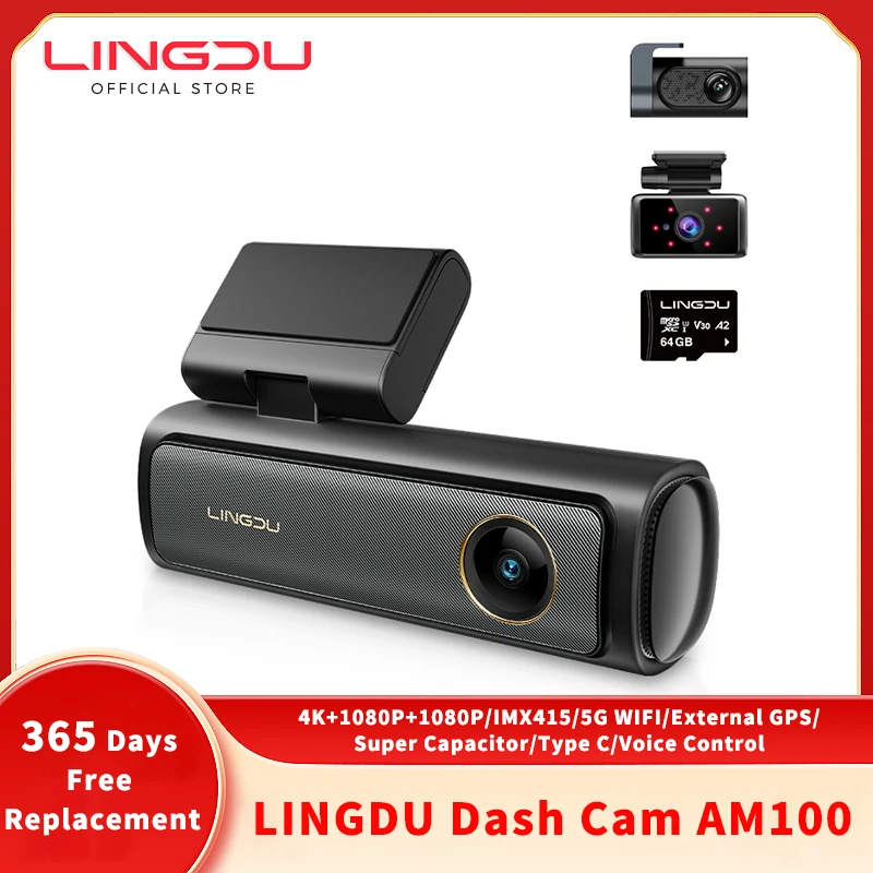 

LINGDU AM100 3 Channel Dash Cam for Car DVR 4K Front and Rear Dash Camera Built in GPS 5GHz WIFI Video Recorder with 64GB Card