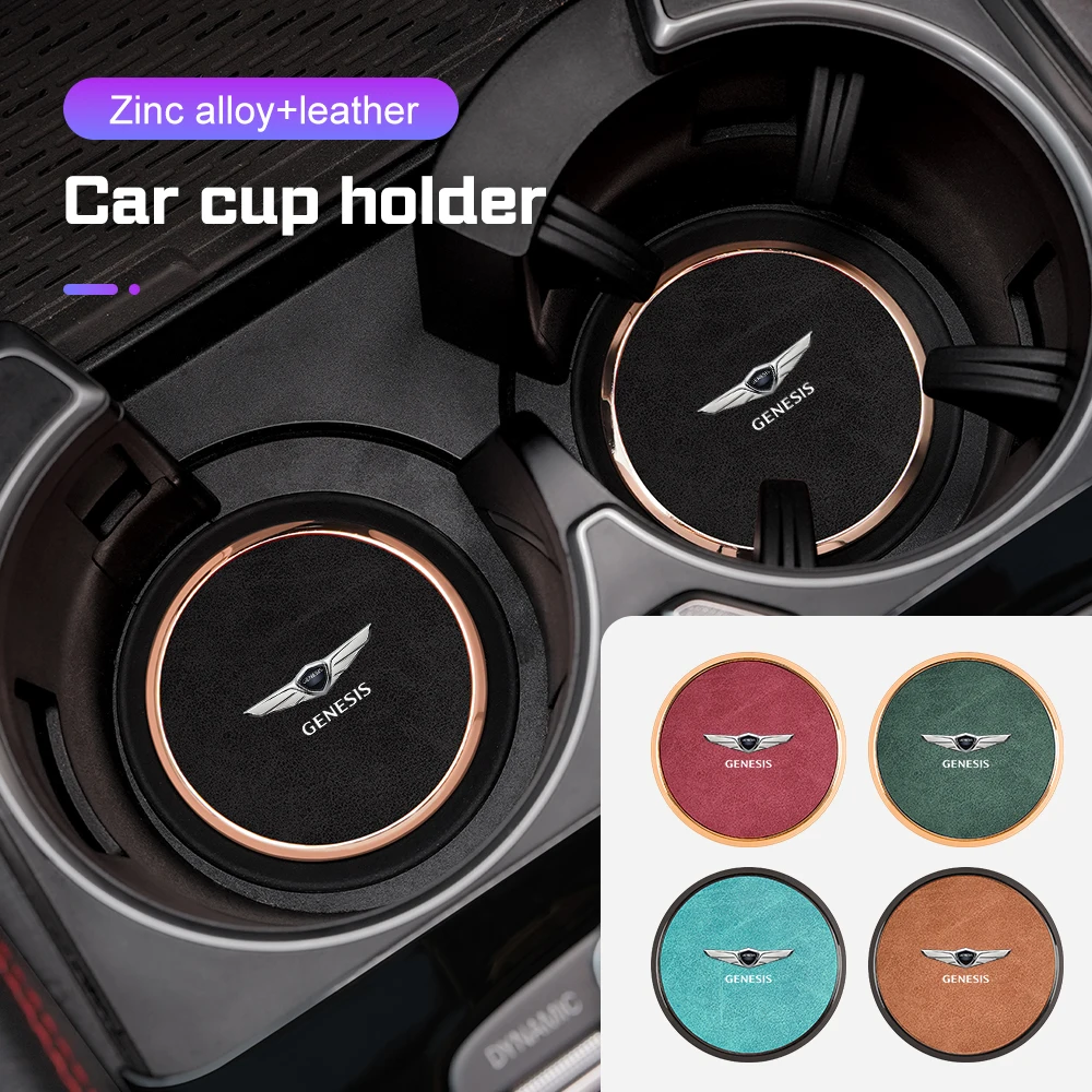 

2Pcs Car Leather Coaster Accessories For Genesis G80 GV70 GV80 GV60 G60 G70 G90 GV90 X Water Cup Holder Pad Metal Anti Slip Mat