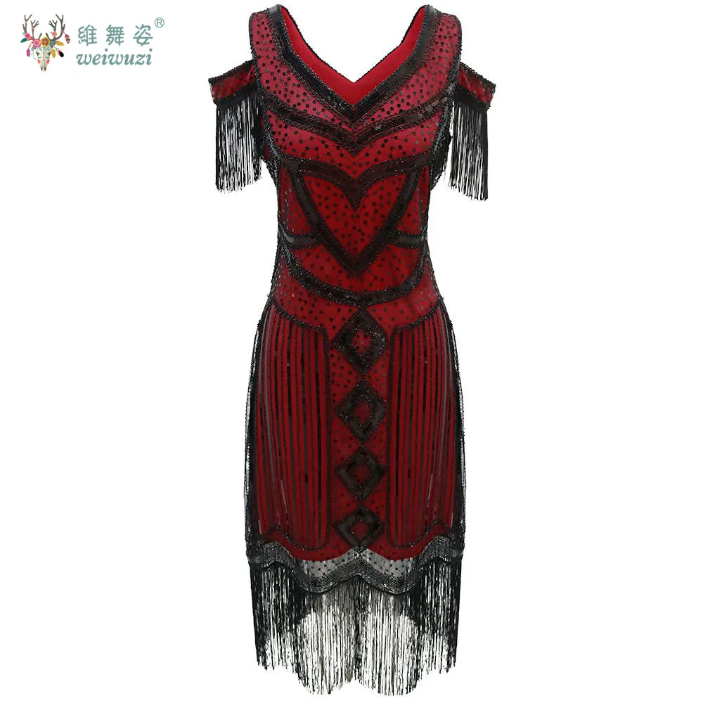 Женское утягивающее платье в стиле ретро с блестками и бисером, кисточками и v-образным вырезом, полые плечи, вечернее платье в стиле Гэтсби или дворцовой вечеринки