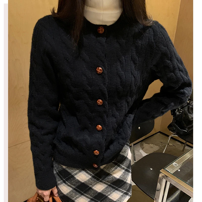 NUOVO cardigan accogliente lavorato a maglia con bottoni in stile retrò coreano chic da donna autunno o-collo a maniche lunghe lavorato a maglia giacca maglione morbido