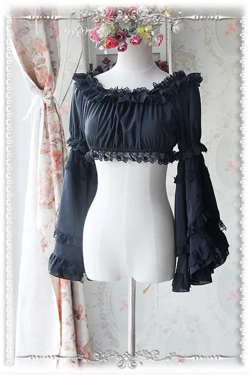Sweet Detachable Flare Lace Sleeve Chiffon Blouse Ruffled Short Women\'s Crop Top White/Black/Ivory by Infanta