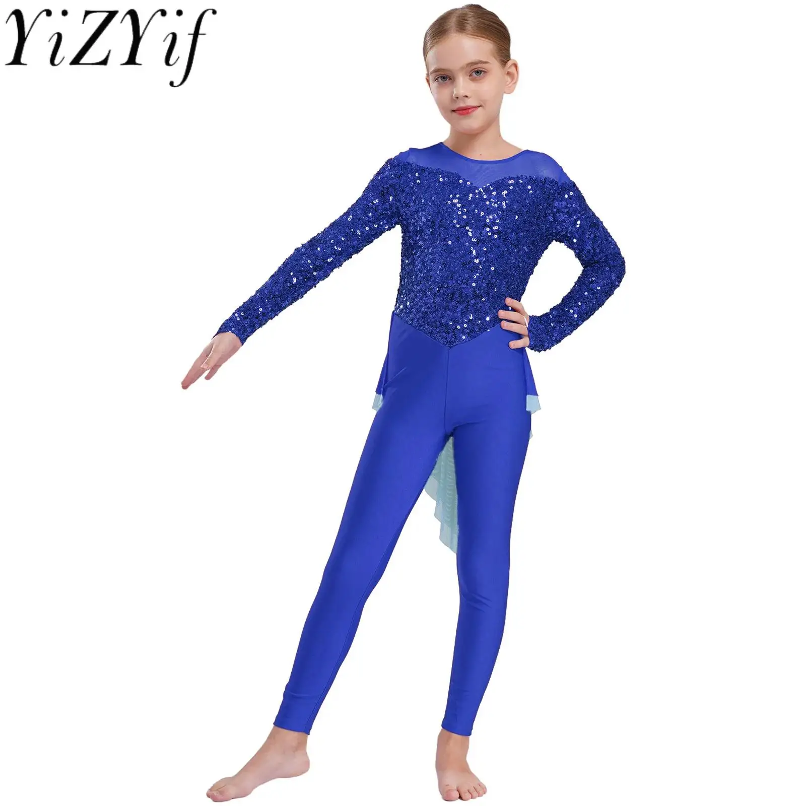 

Kids Girls Shiny Sequins Acrobatics Dance Jumpsuit Long Sleeve Skirted Bodysuit for Gymnastics Performance Competition Dancewear