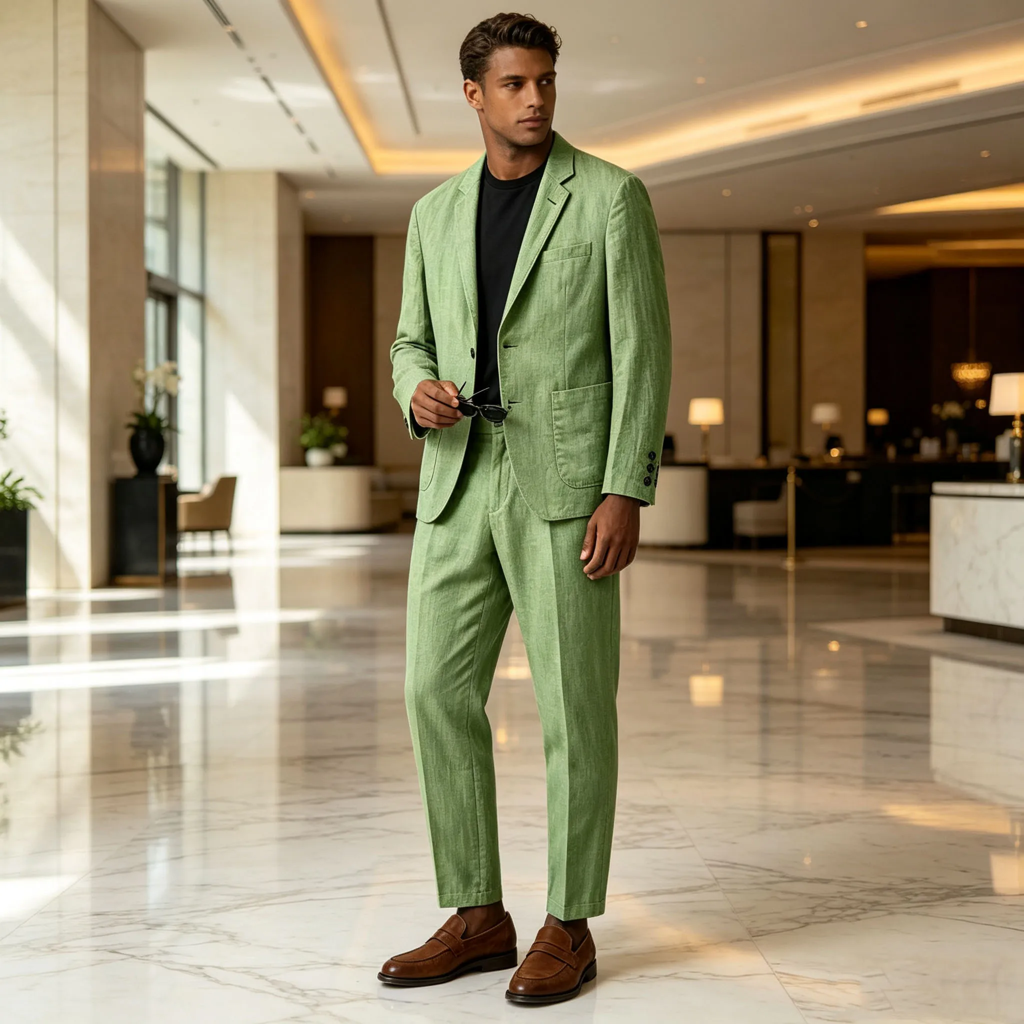 Men's Linen Blend 2 Pieces Suit Notched Lapel 2 Buttons Slim Fit Jacket Ankle Straight Leg Pants Casual Set Summer Beach Wedding