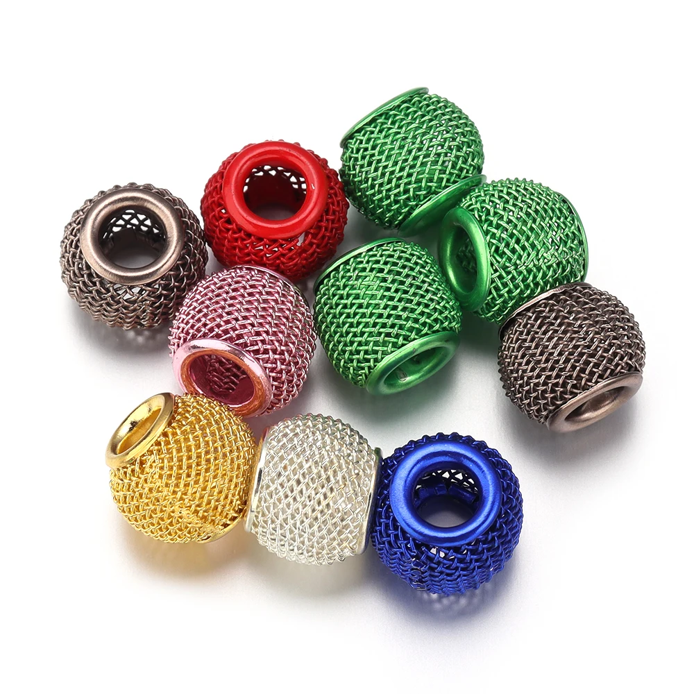10pcs/lot 10x12mm Big Hole Round Ball Metal Beads Mesh Net Loose Spacer Beads For DIY Jewelry Making Bracelet Necklace Supplies