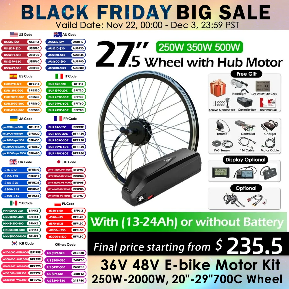 27.5 inch Wheel Bicycle Electric Motor Conversion Kit 36V 48V 250w 350w 500w Front Rear Hub Motor 13AH-24AH Lithium Battery 27.5