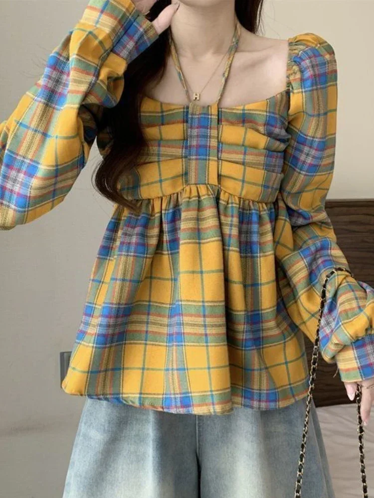 بلوزة منقوشة للسيدات بأكمام واسعة على الطراز الكوري للربيع تصميم نحيف مضاء موضة ريترو كل مباراة ملابس الشارع الشهير De Mujer #2