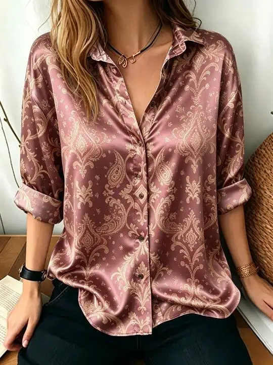 Women Tropical Leaf & Vintage Paisley Print Lapel Collar Long Sleeve Shirt Loose Button Down Office Casual Blouse Tops