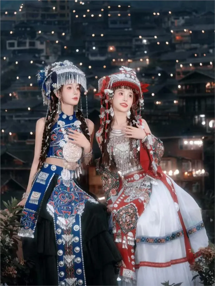 Nieuwe kleding rood en blauw beste vriend etnische jurk set hoed prestatie kostuum