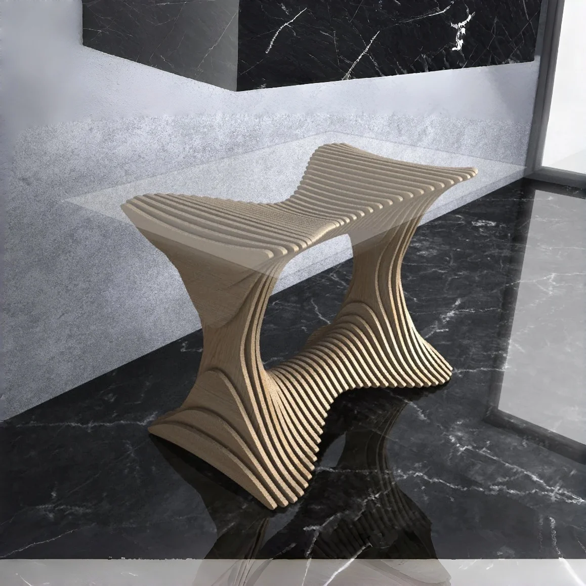 Z Bespoke Solid Wood Sliced Dining Table Coffee Table With Clear Glass Top Curved Wave Slatted Hotel HomeZ
