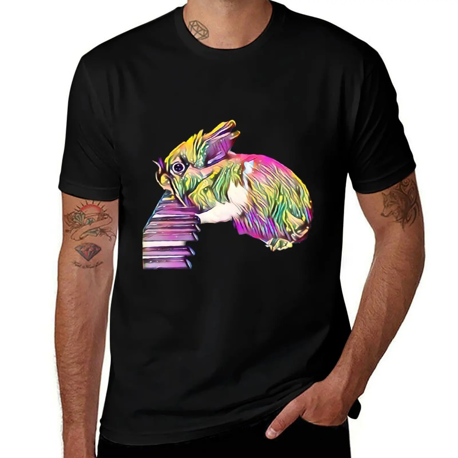 

rabbit playing piano T-Shirt Short sleeve tee cute tops anime stuff plain mens t shirts casual stylish